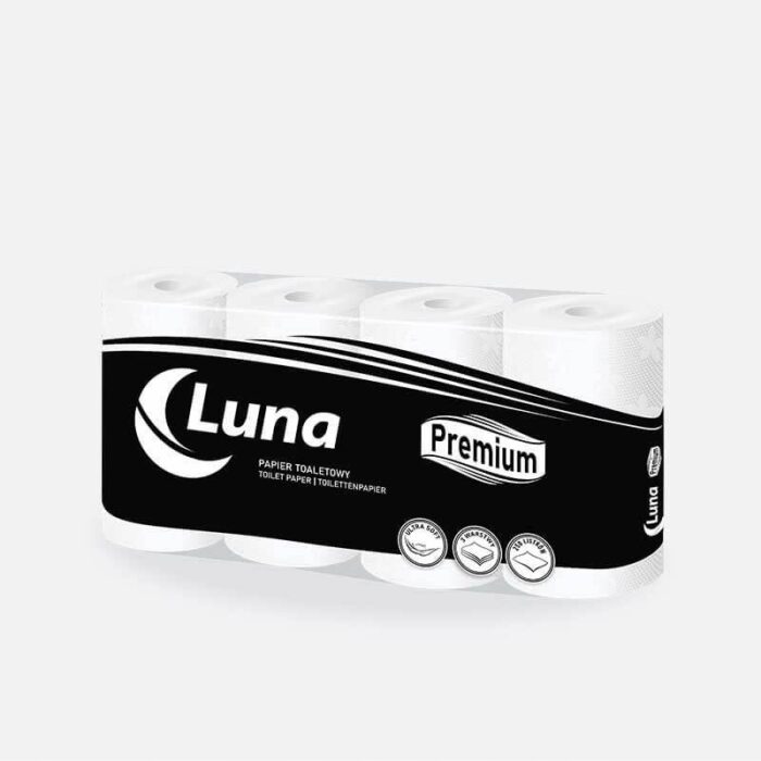 Papier toaletowy Luna Premium 30m 250 listków, wys.9,3cm, śr.11,5cm, gramatura 3x17, celuloza 3W op. 8 rolek