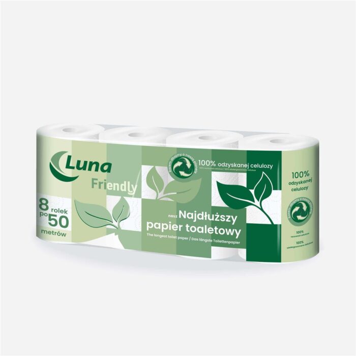 Papier toaletowy Luna Friendly 50m, wys.9,5cm, śr.12cm, gramatura 2x16, celuloza recyklingowana 2w op. 8 rolek