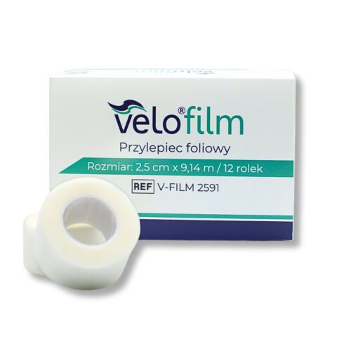 Przylepiec Foliowy Velo 2,5cm X9,14m Przylepiec/ plaster foliowy VELO FILM 2,5 cm x 9,14 m x 12 szt