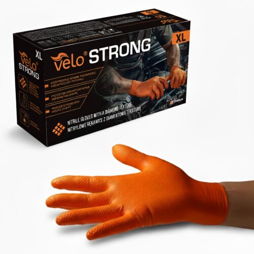 Velo Strong XL Bardzo Mocne Rękawice Nitrylowe VELO "XL" STRONG - Nitrylowe rękawice z diamentową teksturą, pomarańczowe STRONG op. 50 szt