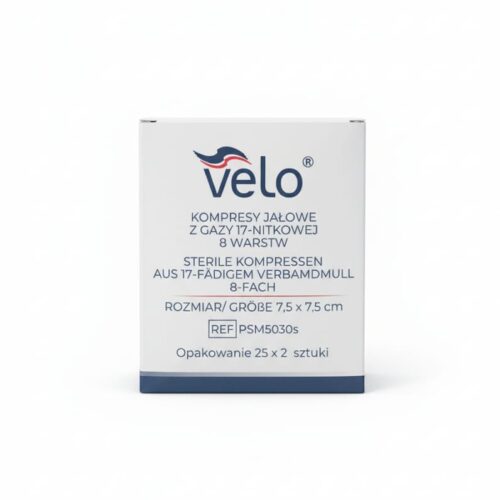 Kompresy jałowe VELO z gazy  7,5 cm x 7,5 cm 17 nit. 8 warstw x 25 x 2 szt