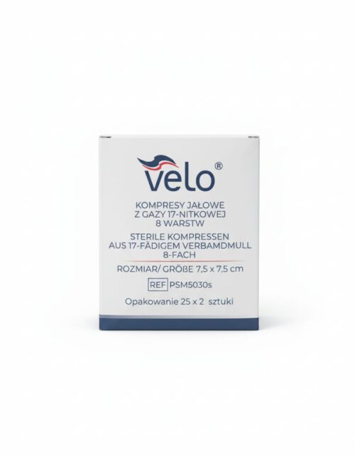 Kompresy jałowe VELO z gazy  7,5 cm x 7,5 cm 17 nit. 8 warstw x 25 x 2 szt