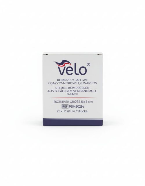 Kompresy jałowe VELO z gazy 5 cm x 5 cm 17 nit. 8 warstw x 25 x 2 szt.