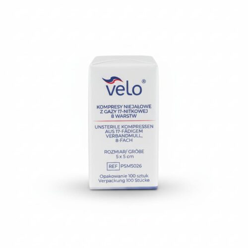 Kompresy niejałowe VELO z gazy 17 nitkowej, 8 warstw rozmiar 5cm x 5cm x 100 szt.