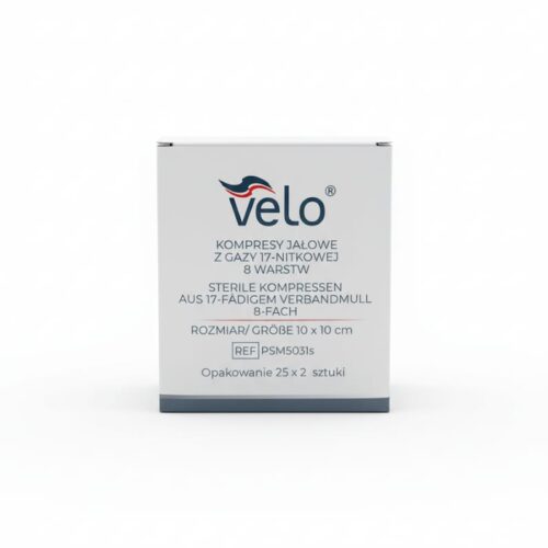 Kompresy jałowe VELO z gazy  10 cm x 10 cm 17 nit. 8 warstw x 25 x 2 szt