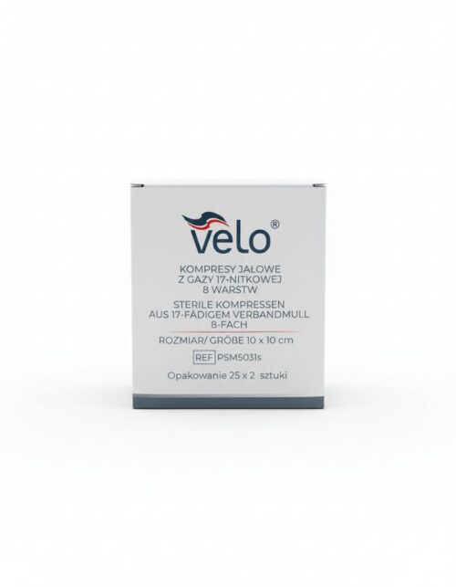 Kompresy jałowe VELO z gazy  10 cm x 10 cm 17 nit. 8 warstw x 25 x 2 szt