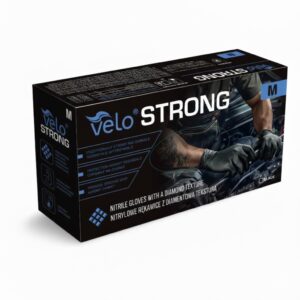 VELO "M" STRONG Czarne - Nitrylowe rękawice z diamentową teksturą, STRONG op. 50 szt - Polmil - więcej niż opieka pudelko velo strong M black czarne