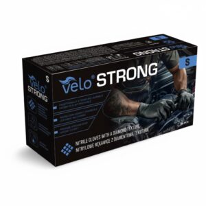 VELO "S" STRONG Czarne - Nitrylowe rękawice z diamentową teksturą, STRONG op. 50 szt - Polmil - więcej niż opieka pudelko velo strong S black czarne