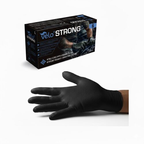 Velo Strong S Czarne Black Bardzo Mocne Grube Rękawice Nitrylowe VELO "S" STRONG Czarne - Nitrylowe rękawice z diamentową teksturą, STRONG op. 50 szt