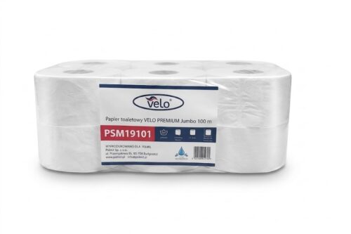 19101new Papier toaletowy VELO PREMIUM Jumbo 100 m, celuloza 2w, wys. 9,2cm, śr.18,5cm, gramatura 2x15,5 op. 12 rolek