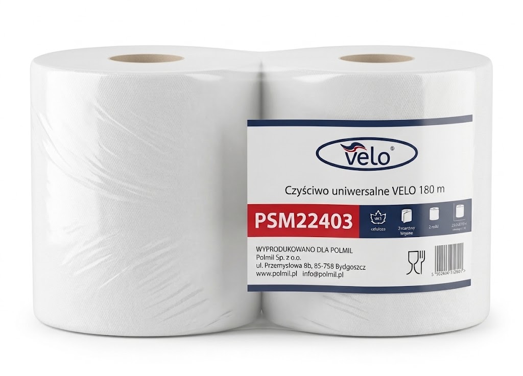 Czyściwo uniwersalne VELO 180 m, celuloza 2w, wys. 26cm, śr. 25cm, 800 odcinków, op. 2 rolki