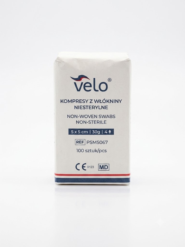 Kompresy z włókniny niesterylne VELO 5×5 cm 30g 4 warstwy x 100 szt