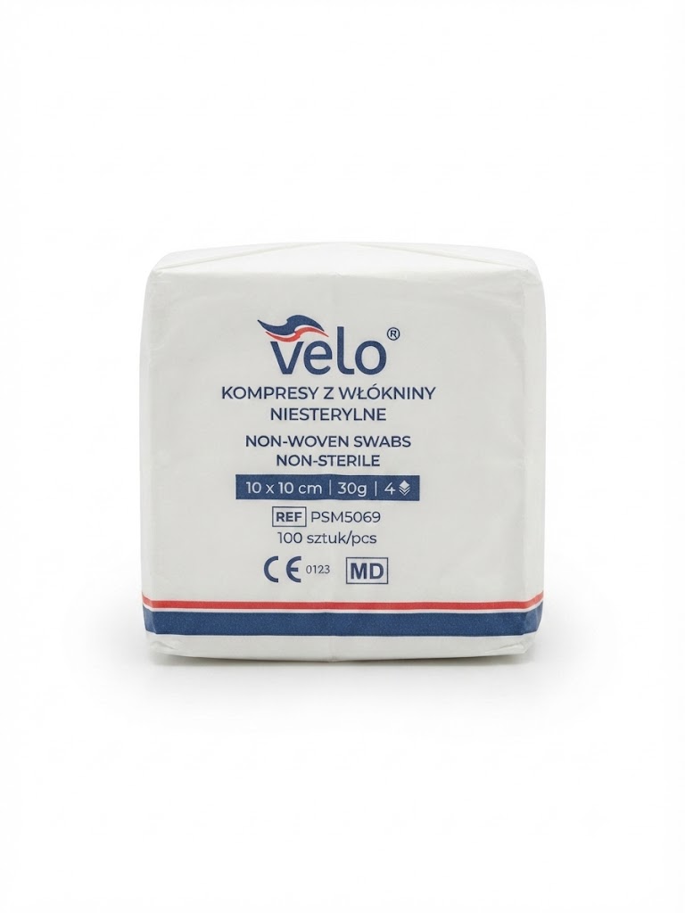 Kompresy z włókniny niesterylne VELO 10×10 cm 30g 4 warstwy x 100 szt