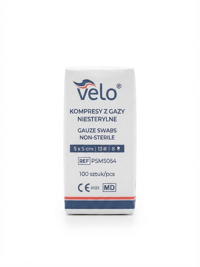 Kompresy z gazy niesterylne VELO 5×5 cm, 13 nitek. 8 warstw x 100 szt