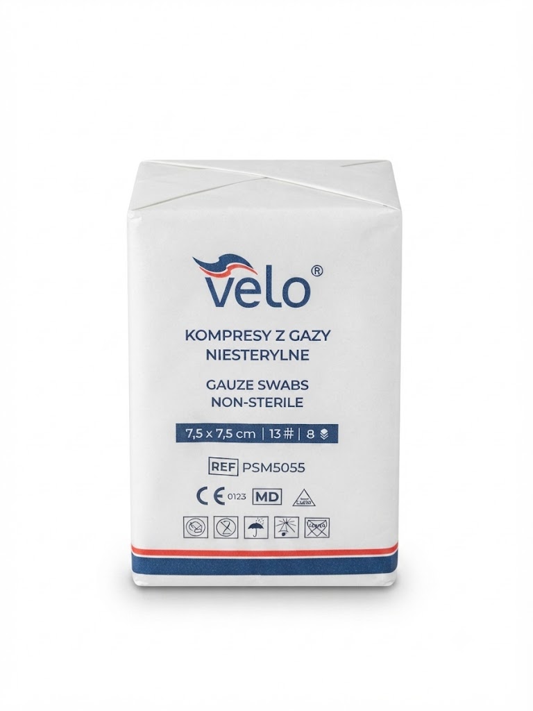 Kompresy niejałowe VELO z gazy 13 nitkowej, 8 warstw rozmiar 7,5 x 7,5 x 100 szt.