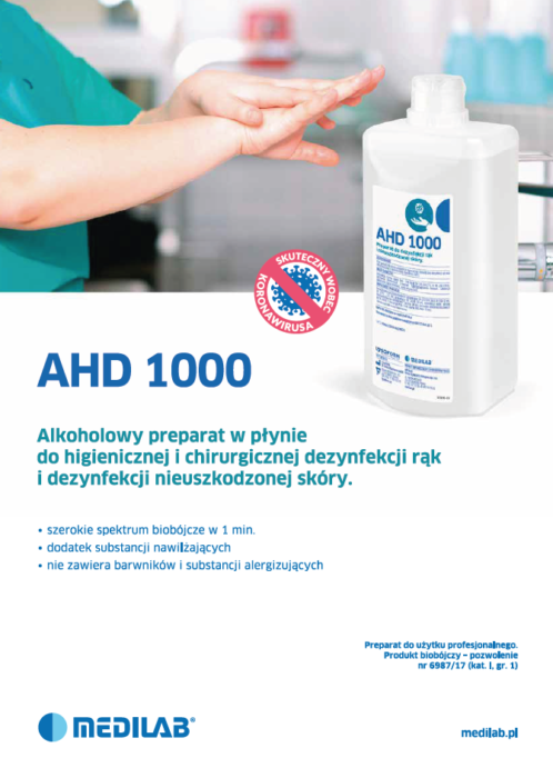 AHD 1000 – Alkoholowy preparat do higienicznej i chirurgicznej dezynfekcji rąk oraz nieuszkodzonej skóry
